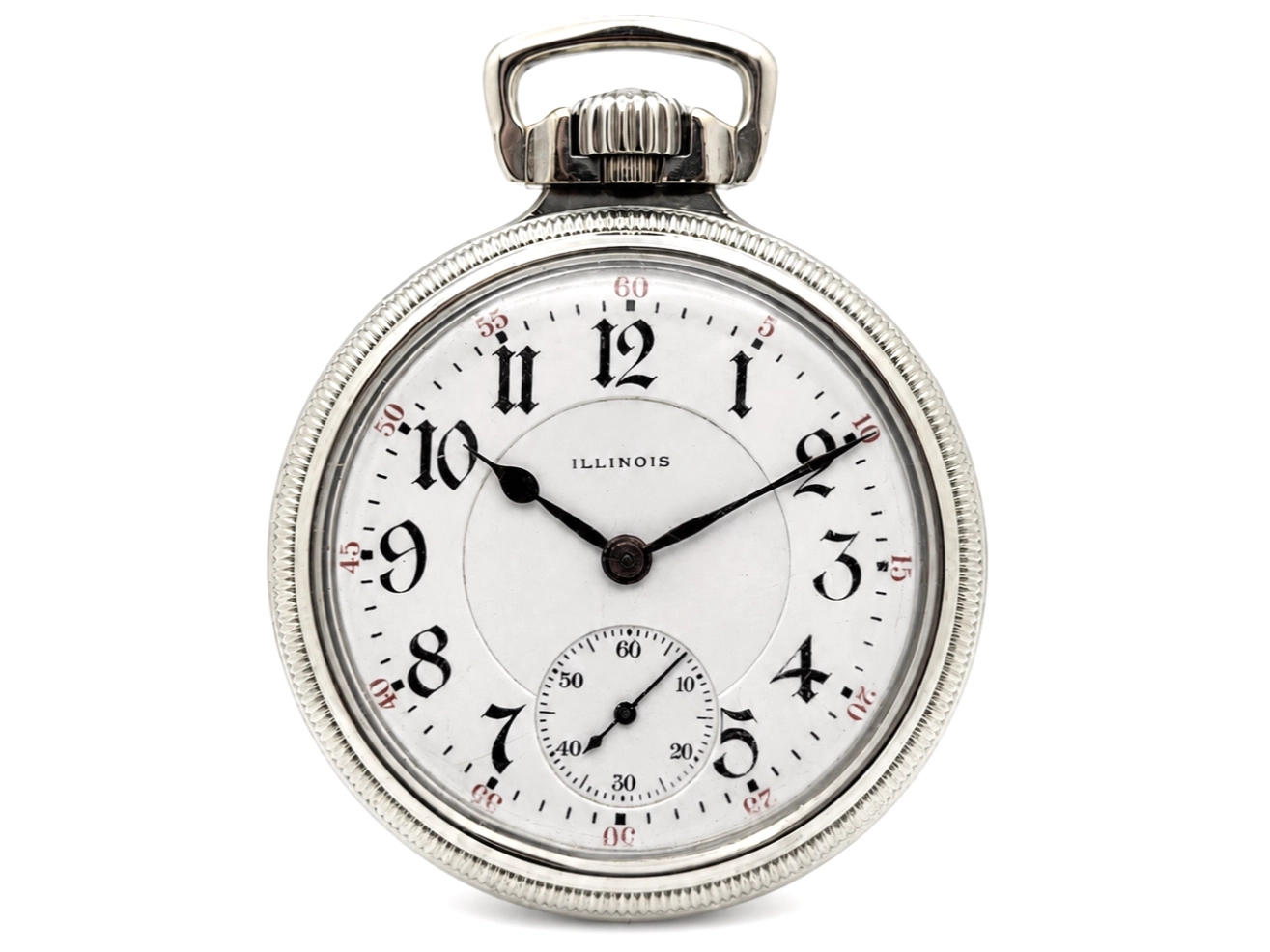 Silver pocket watch with white dial, Arabic numerals, subsidiary seconds dial, and rigged bow.