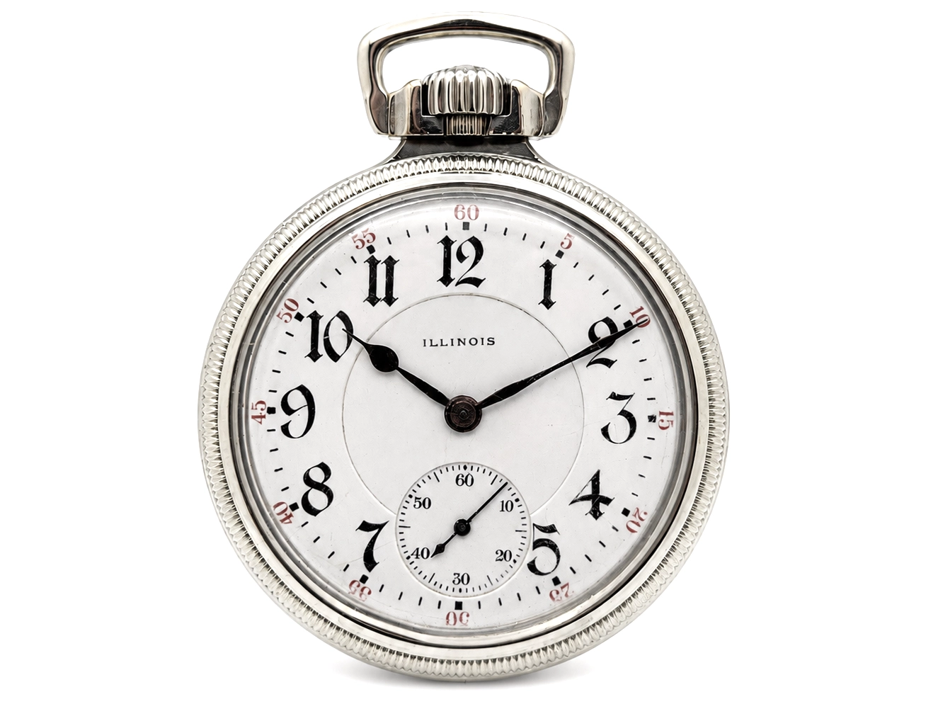 Silver pocket watch with white dial, Arabic numerals, subsidiary seconds dial, and rigged bow.