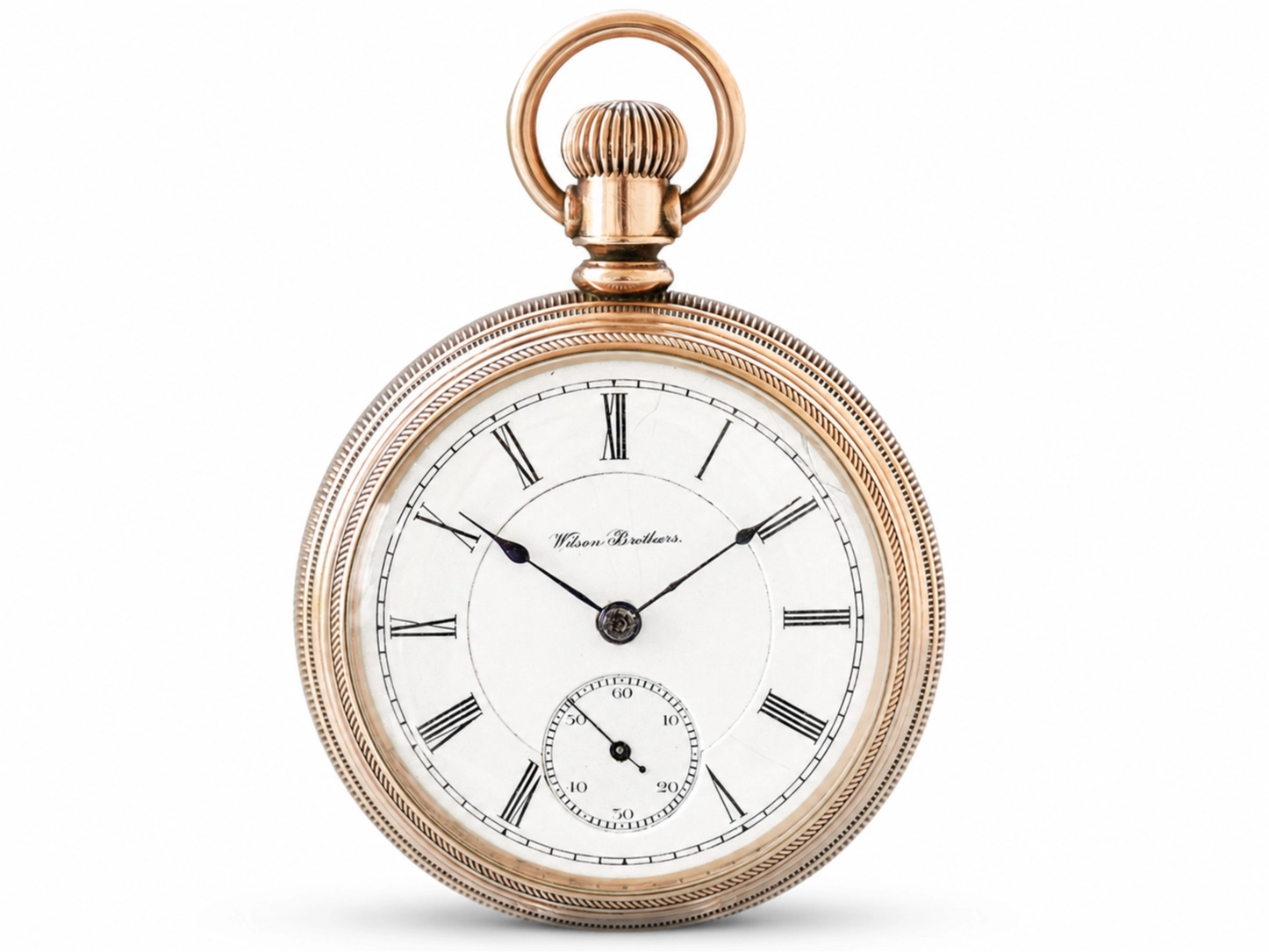 Rose gold pocket watch with white dial, Roman numerals, subsidiary seconds dial, and decorative case back.