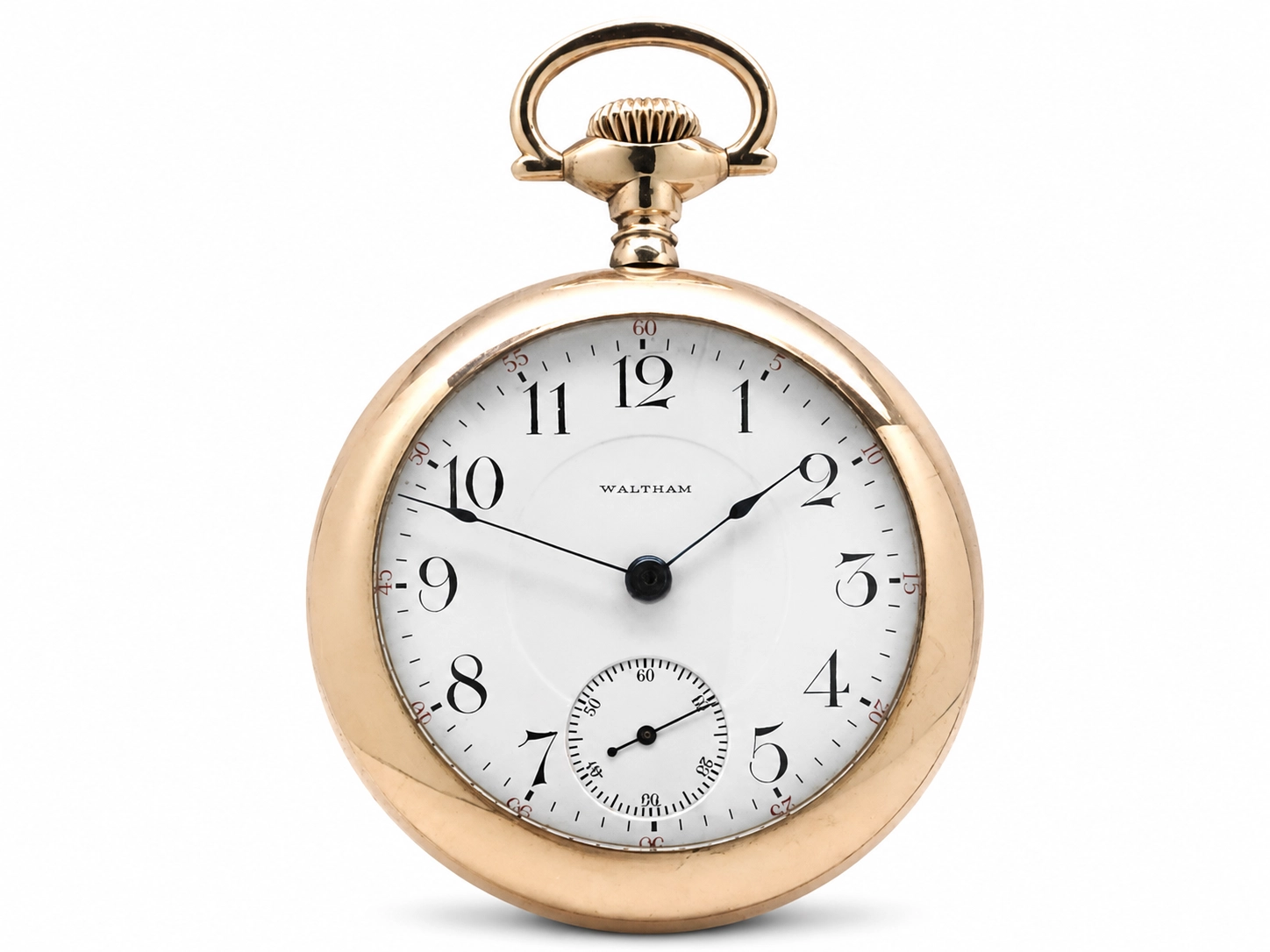Gold pocket watch with white enamel dial, Arabic numerals, and subsidiary seconds dial.