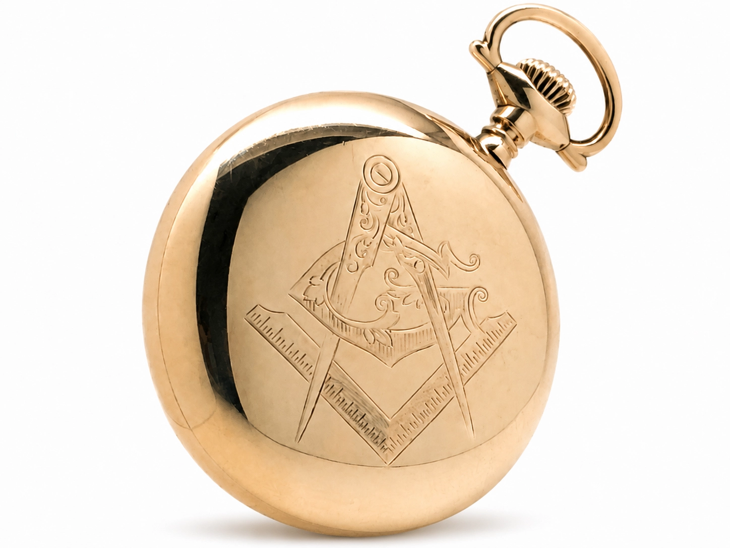 Gold pocket watch case with engraved Masonic symbol, square and compass with G.