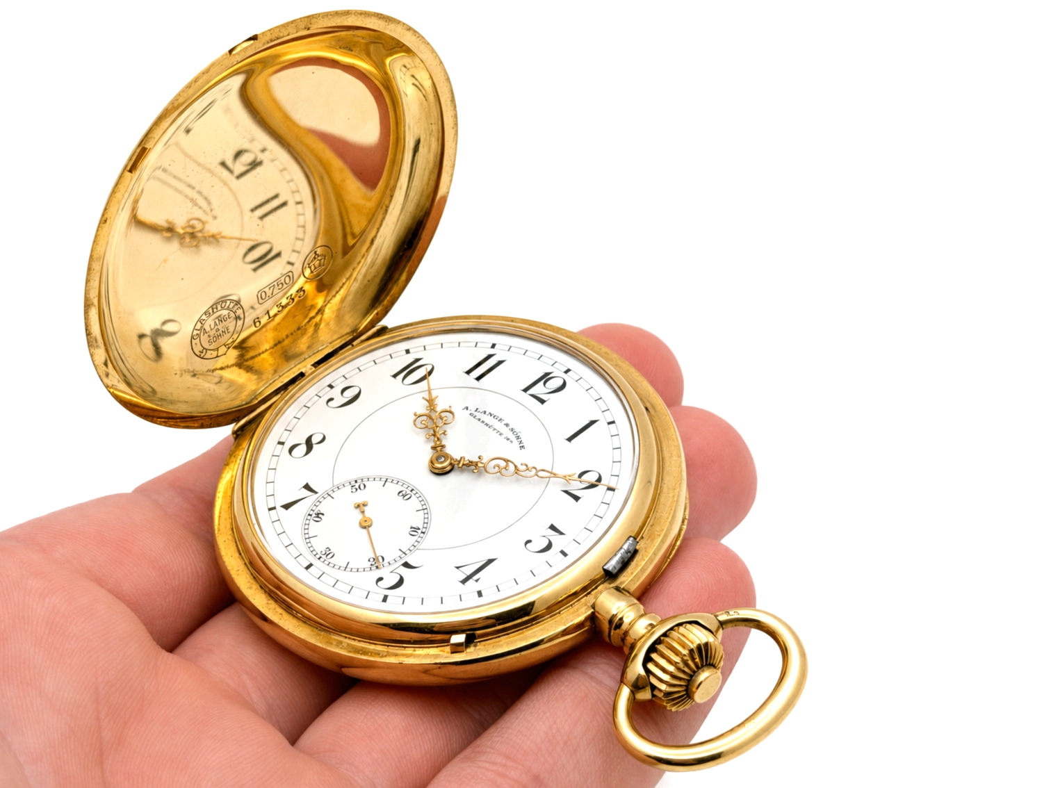 Gold pocket watch open to show white enamel dial with Arabic numerals, subsidiary dial, and matching gold case.