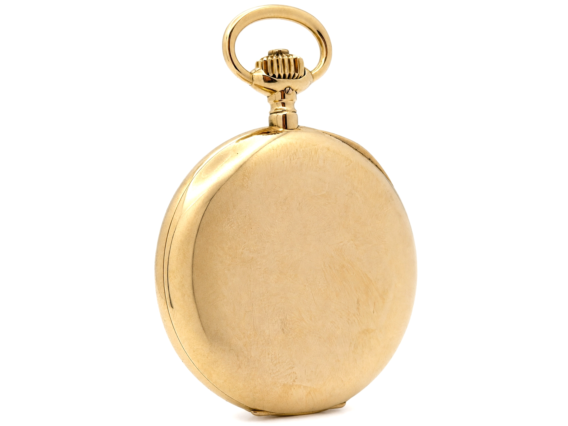 Closed gold pocket watch case with polished hunter cover and loop bail.