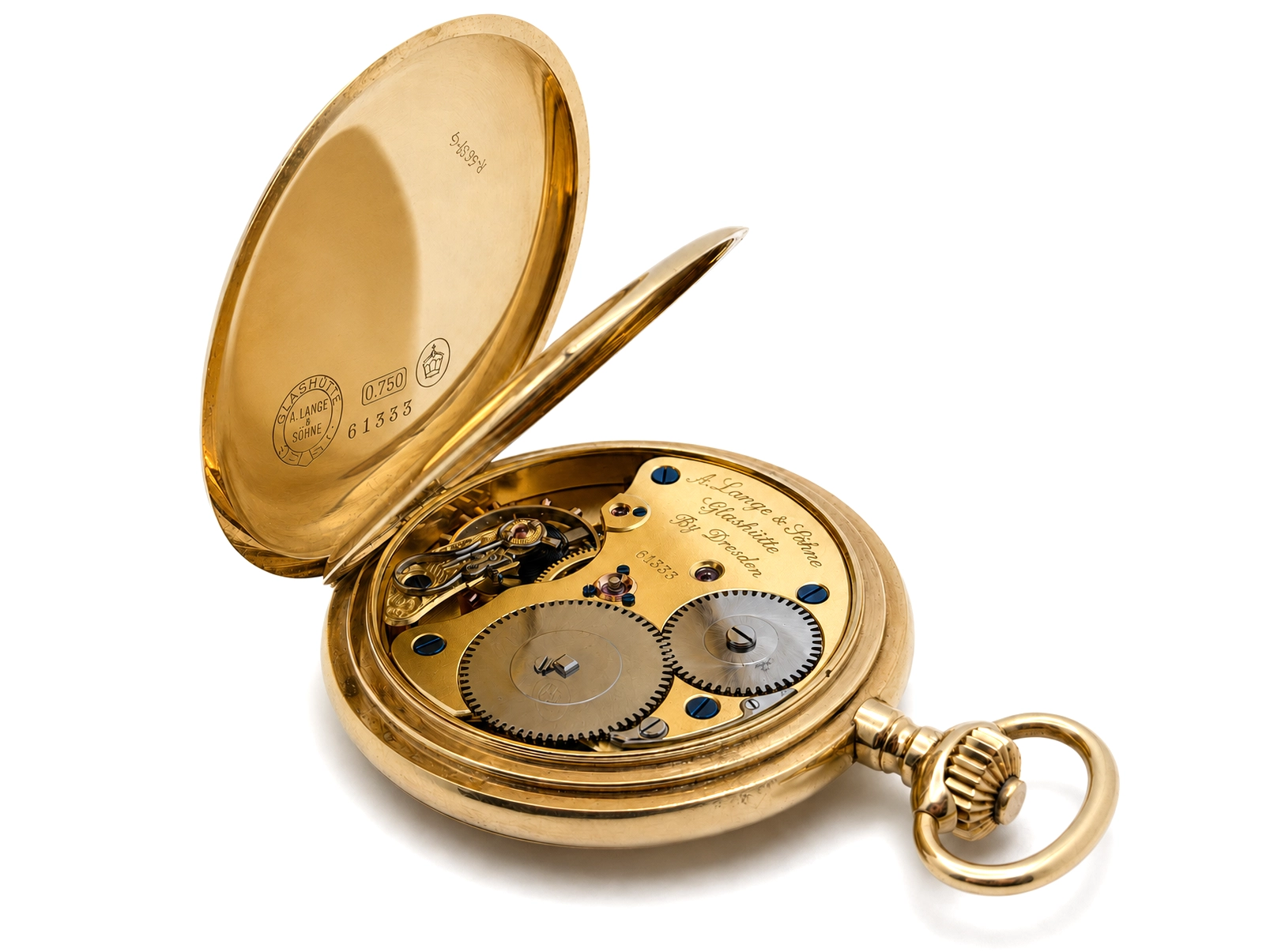 Open pocket watch with visible brass movement, gear wheels, and blue jewel settings.