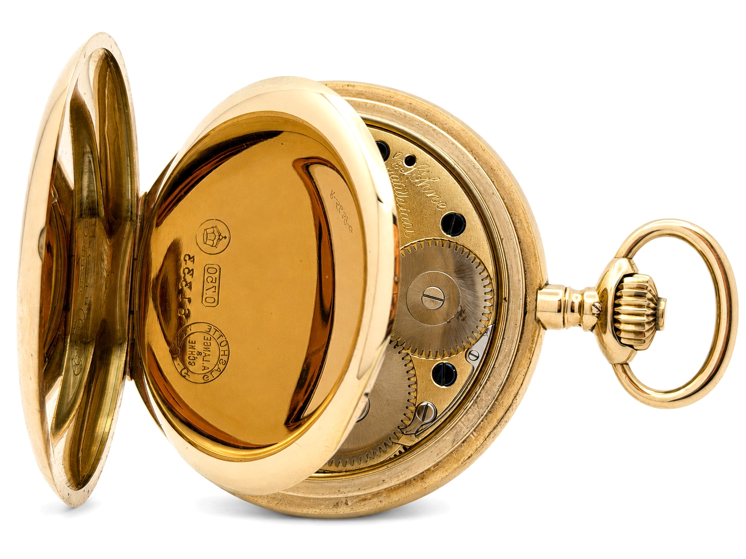 Gold pocket watch opened to reveal yellow dial and exposed gear movement with winding crown visible.