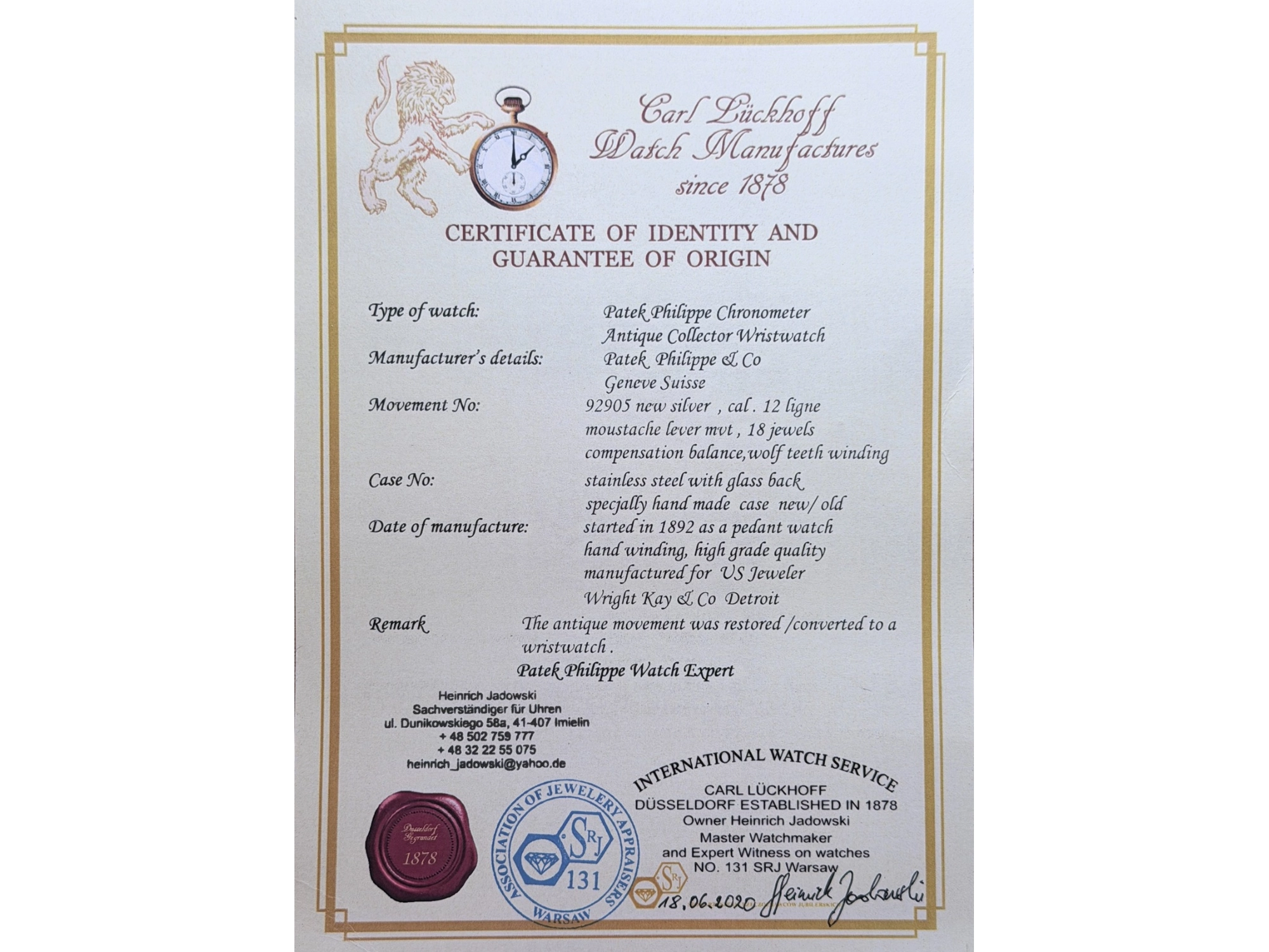 Certificate of identity and guarantee of origin for a Patek Philippe Batak chronometer wristwatch with movement and case details.