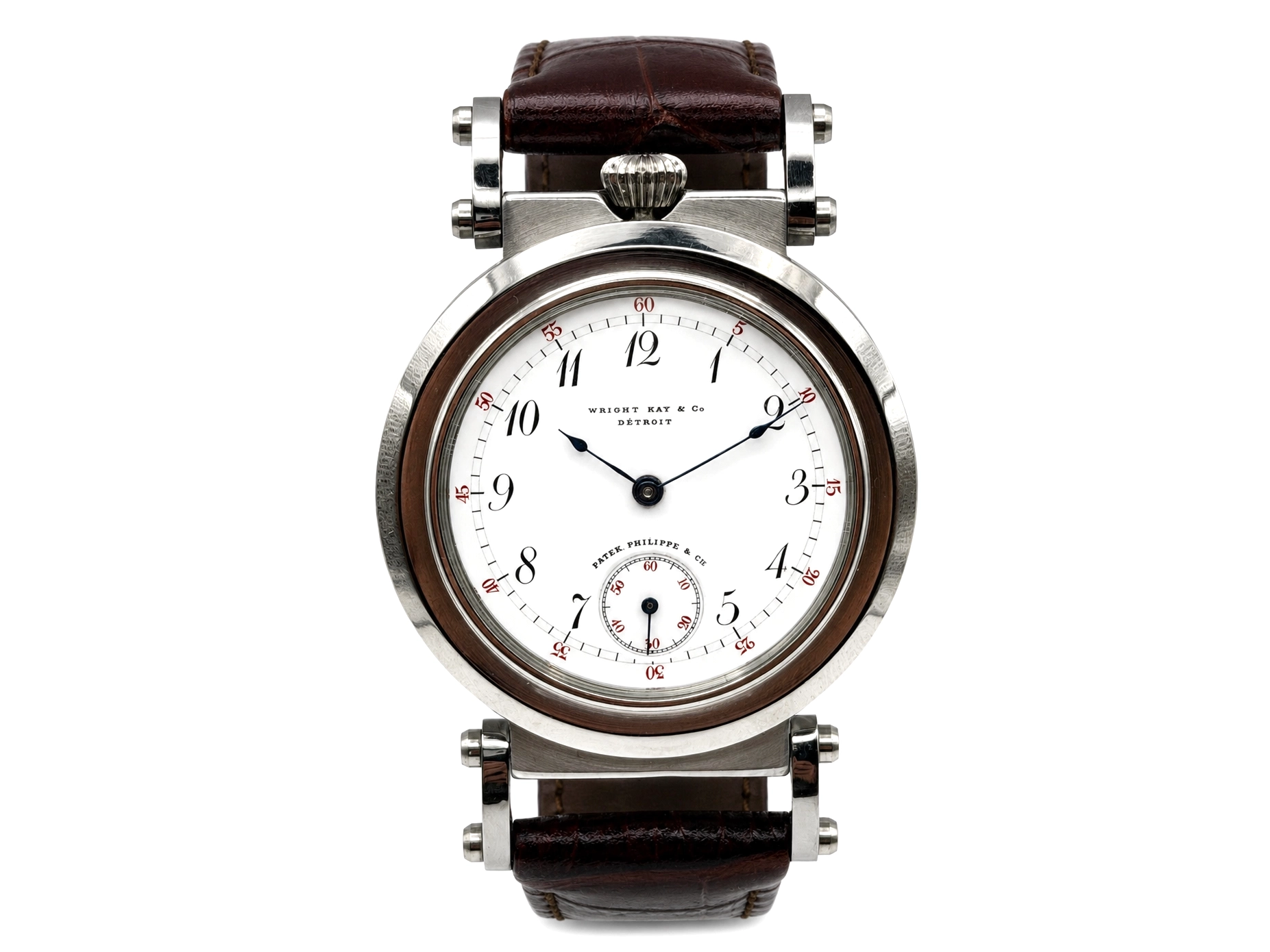 Watch with white dial, Arabic numerals, subsidiary seconds dial, black hands, and dark brown leather strap.
