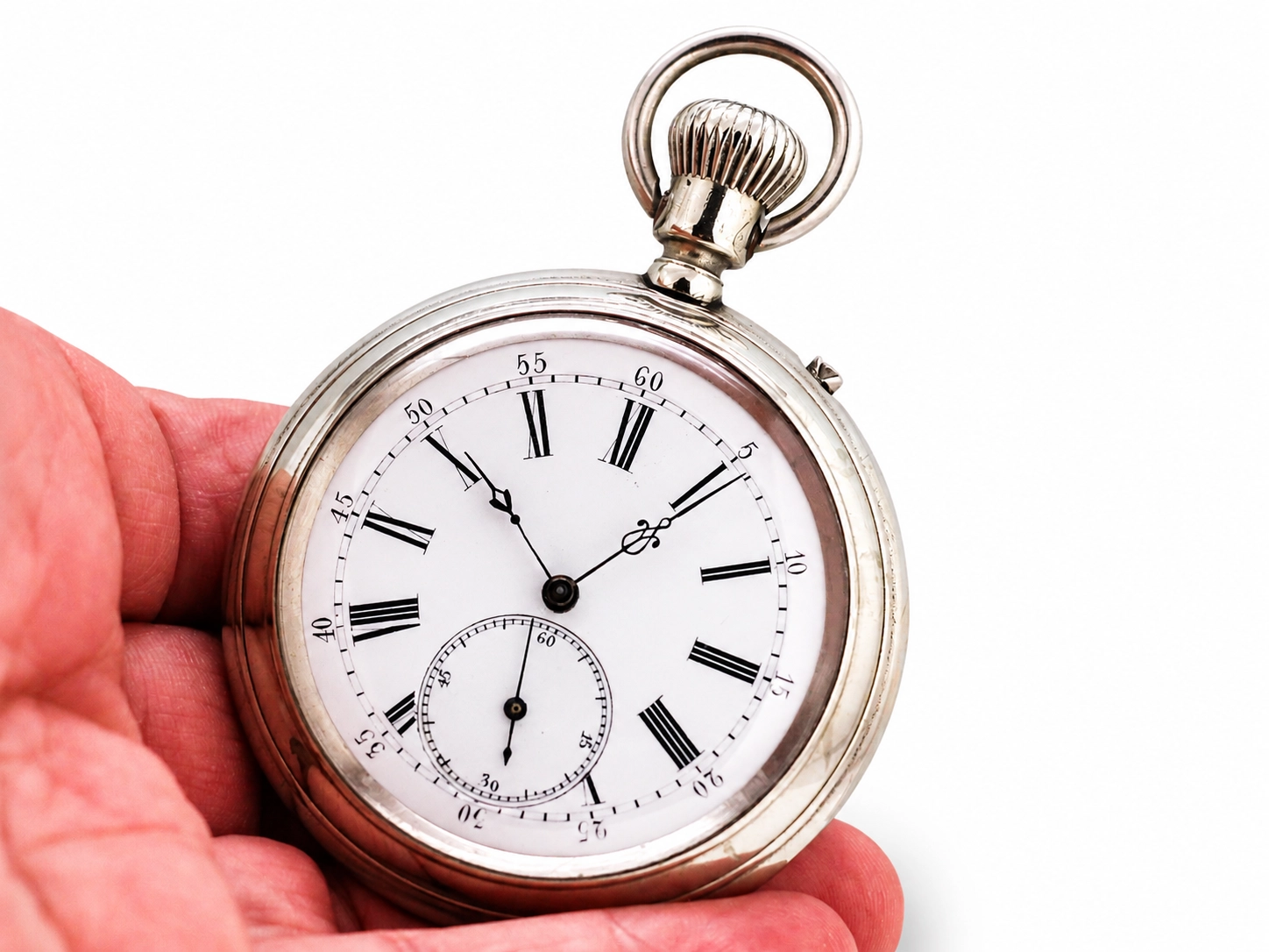 Swiss pocket watch with white dial, black Roman numerals, and subsidiary seconds dial.