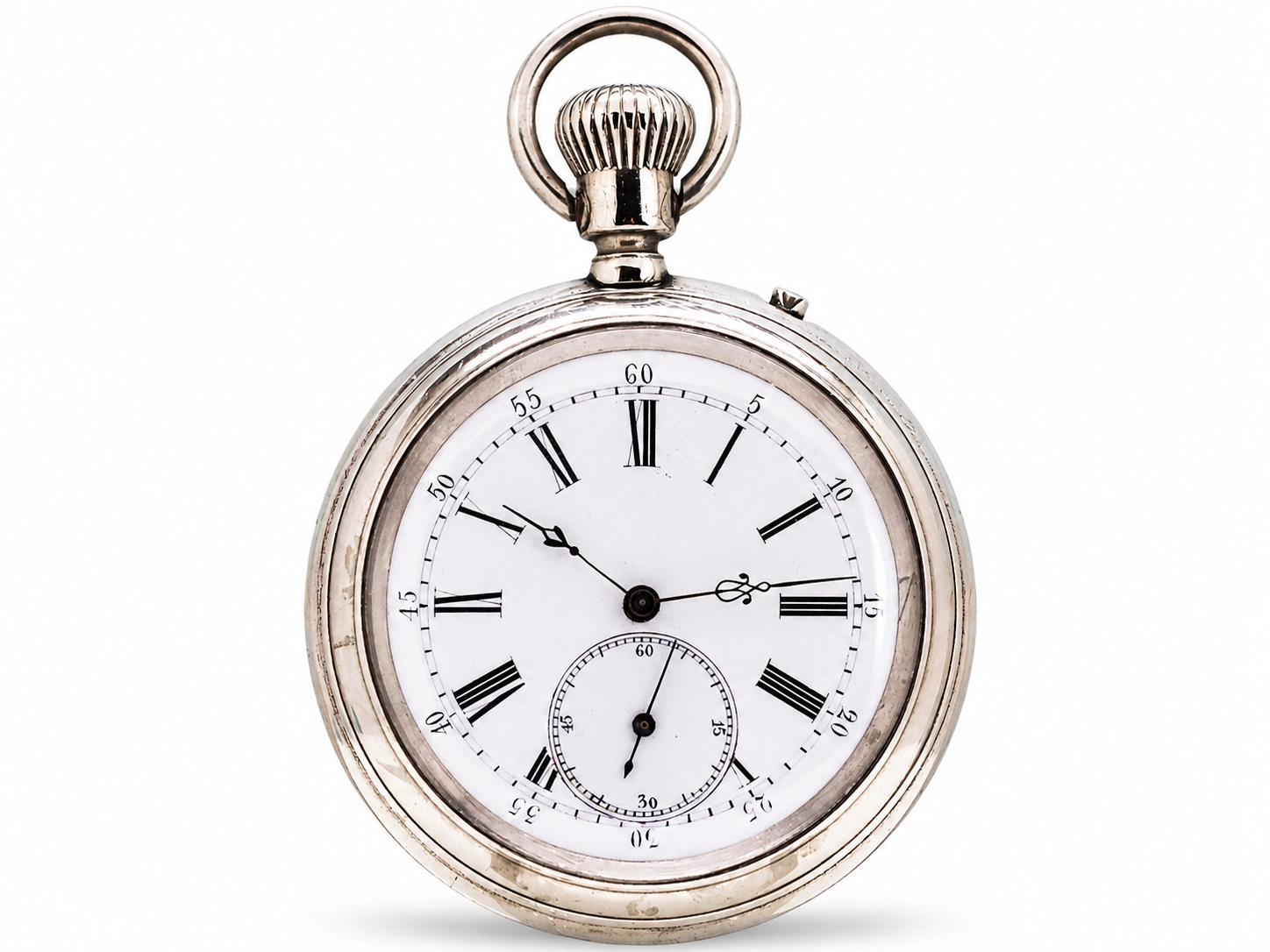 Silver pocket watch with white dial, Roman numerals, subsidiary seconds dial, and decorative bow.