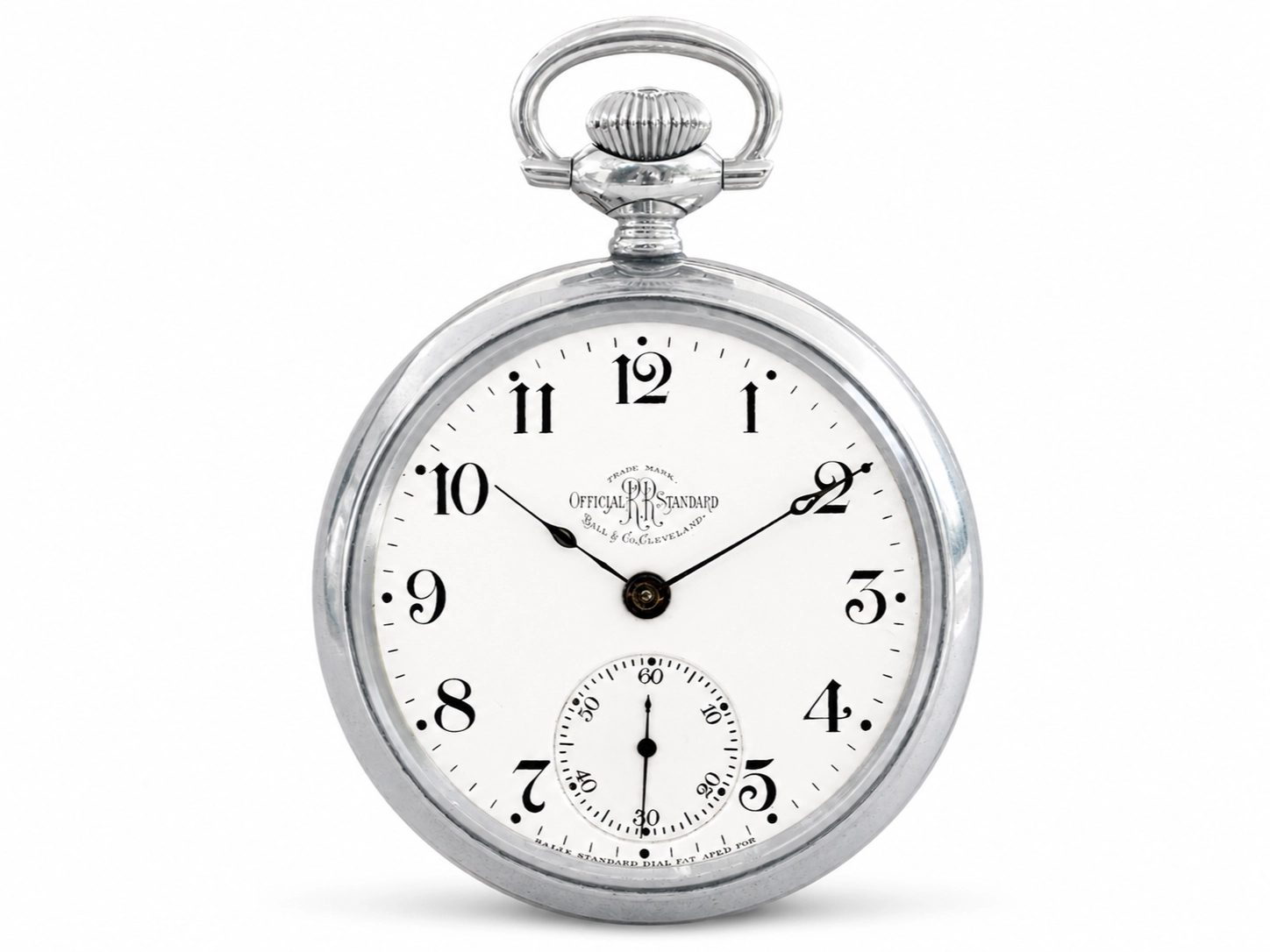 Open-faced pocket watch with cream dial, black Arabic numerals, subsidiary seconds dial at 6 o'clock, and ornate curved lugs.