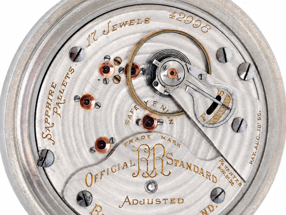 Open movement showing 17 jewels, gold-plated balance wheel, and "Official RR Standard" engraving.