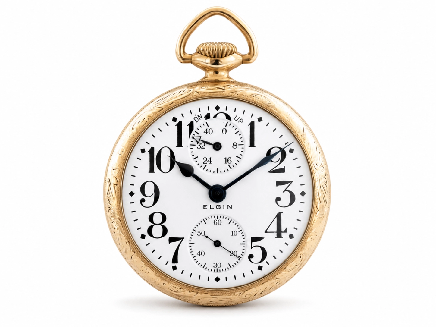 Open-face pocket watch with white dial, Arabic numerals, up/down wind indicator above and subsidiary seconds below, signed Elgin.
