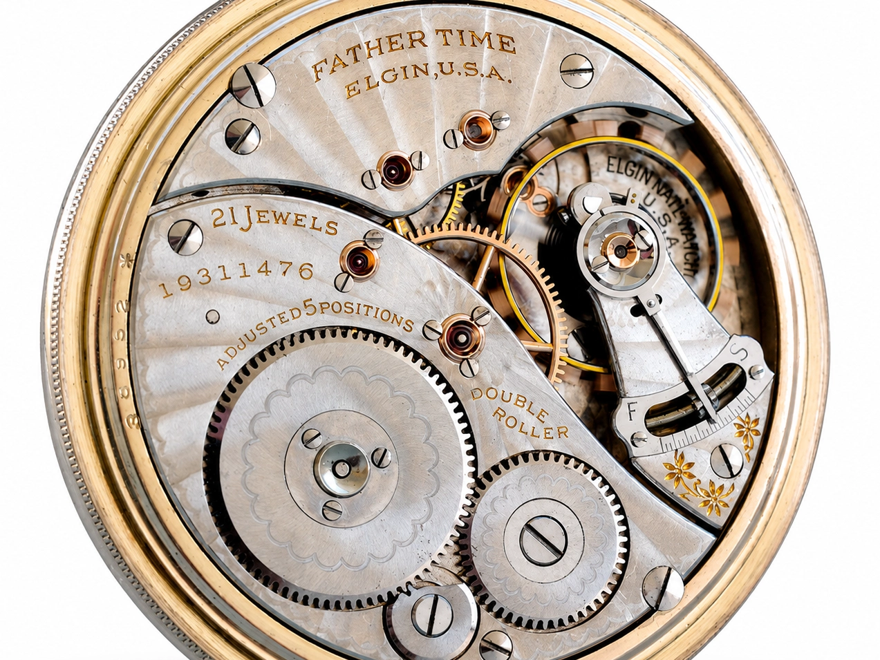 Open movement showing 21 jewels, adjusted positions, double roller, and decorated gear train with gold balance wheel.
