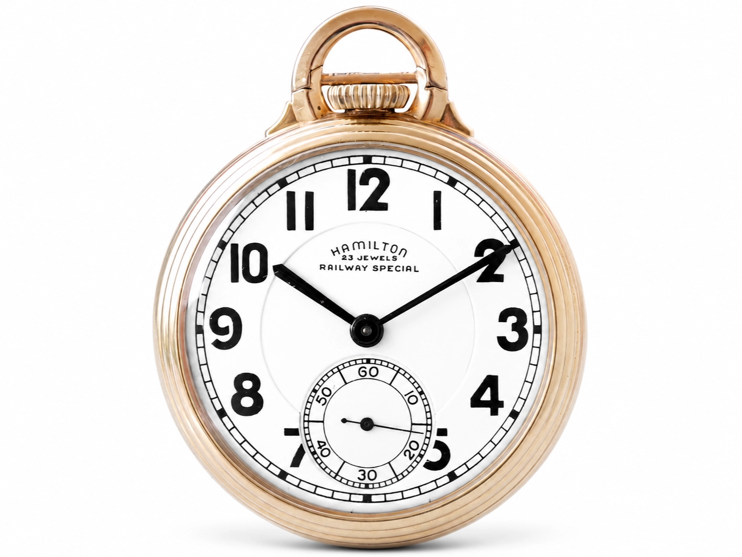 Gold pocket watch with white dial, black Arabic numerals, subsidiary seconds dial, and curved lugs.