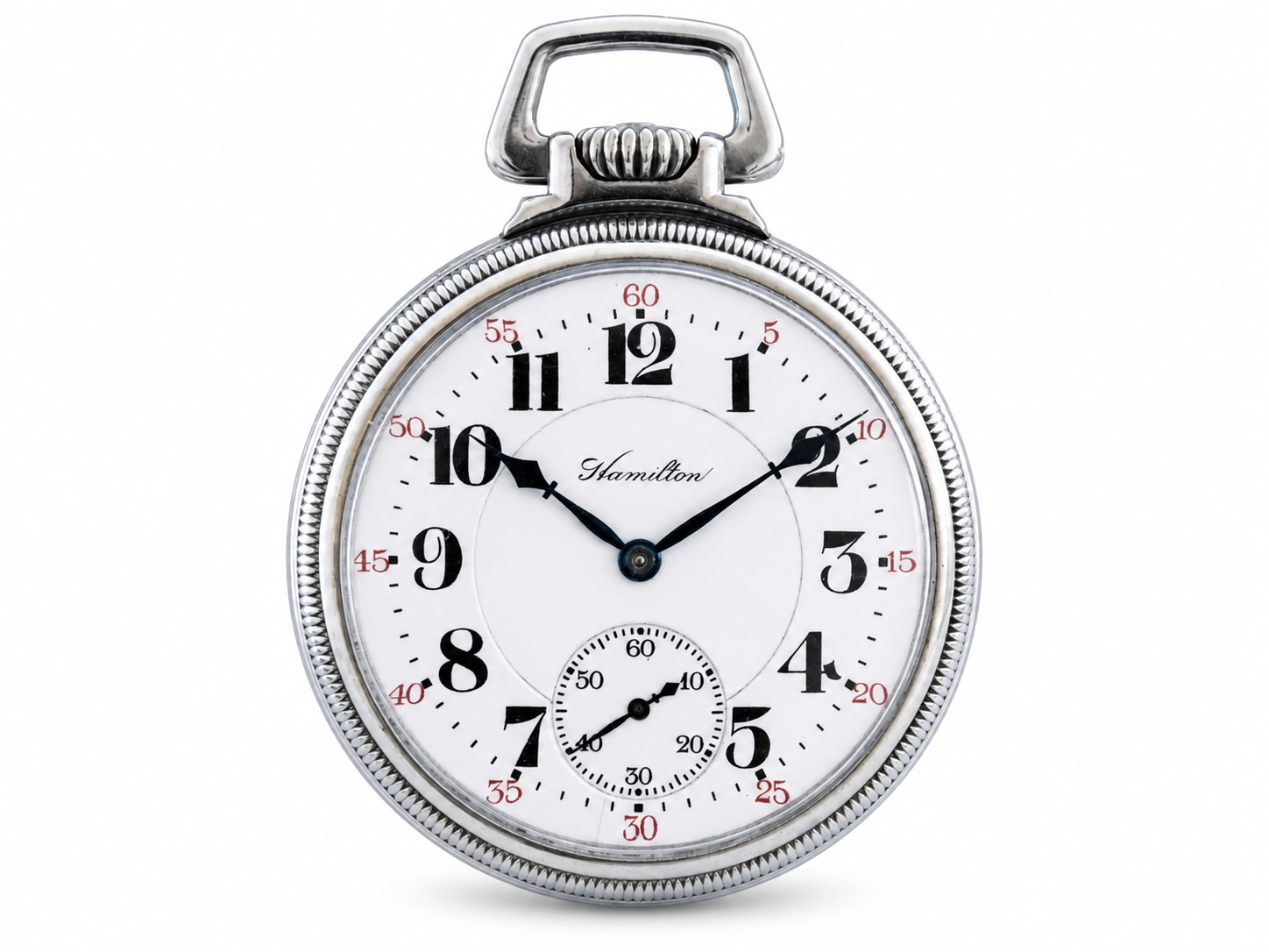 Silver pocket watch with white dial, black Arabic numerals, subsidiary seconds dial, and ornate handle.