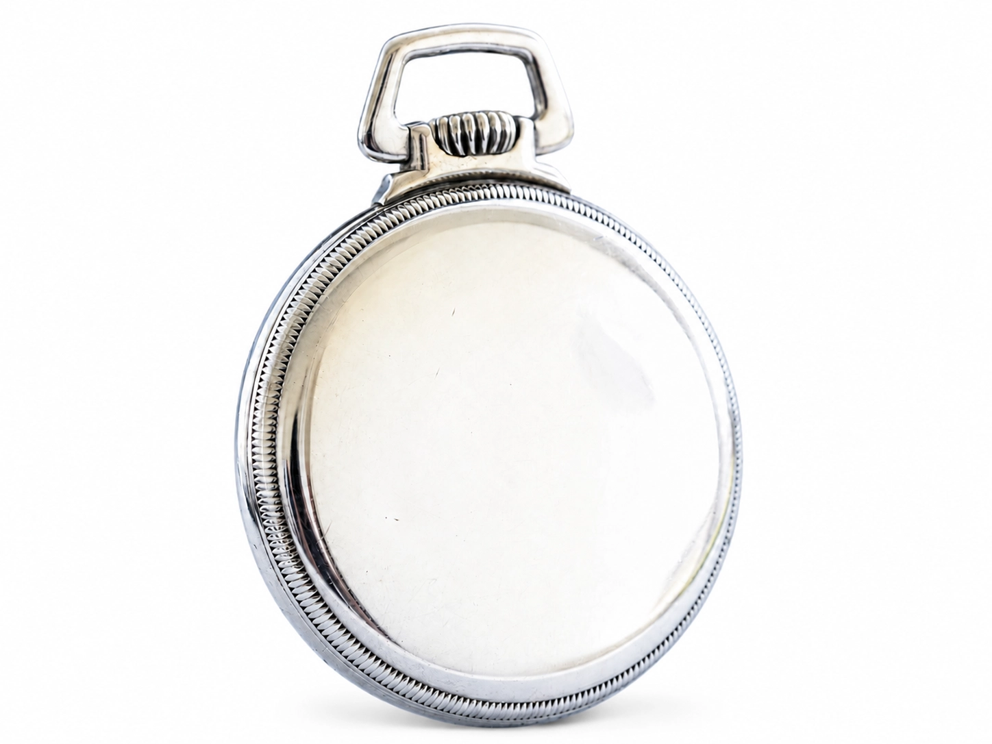 Open-face pocket watch case with beaded edge and domed crystal viewed from front.