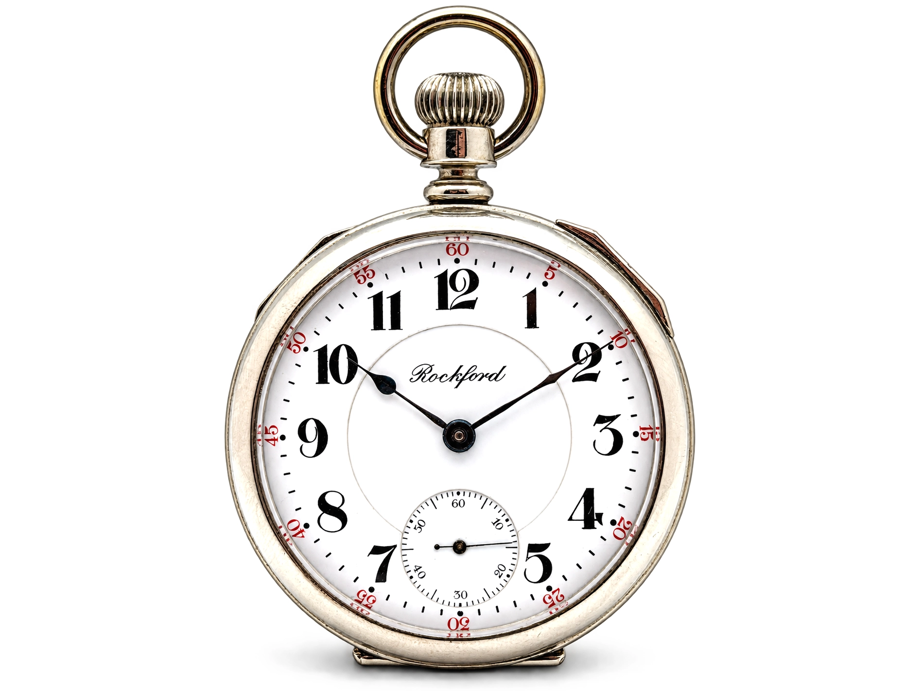 Rockford Grade 925 Hinged Display — white enamel dial with black Arabic numerals, subsidiary seconds dial at 6 o'clock, black…