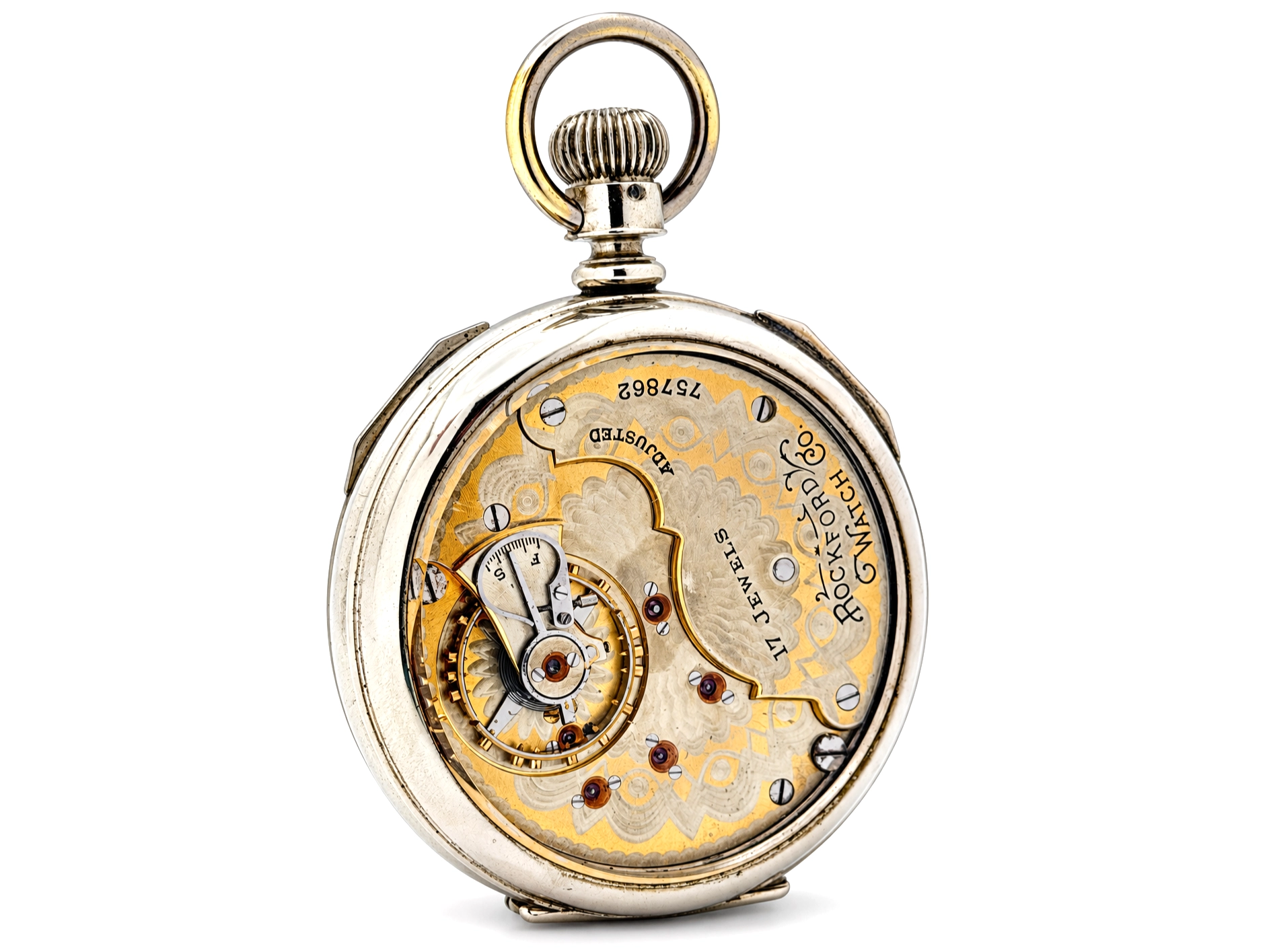 Rockford Grade 925 Hinged Display — open movement showing decorated balance wheel, jeweled setting, and gilt wheels with rust spots