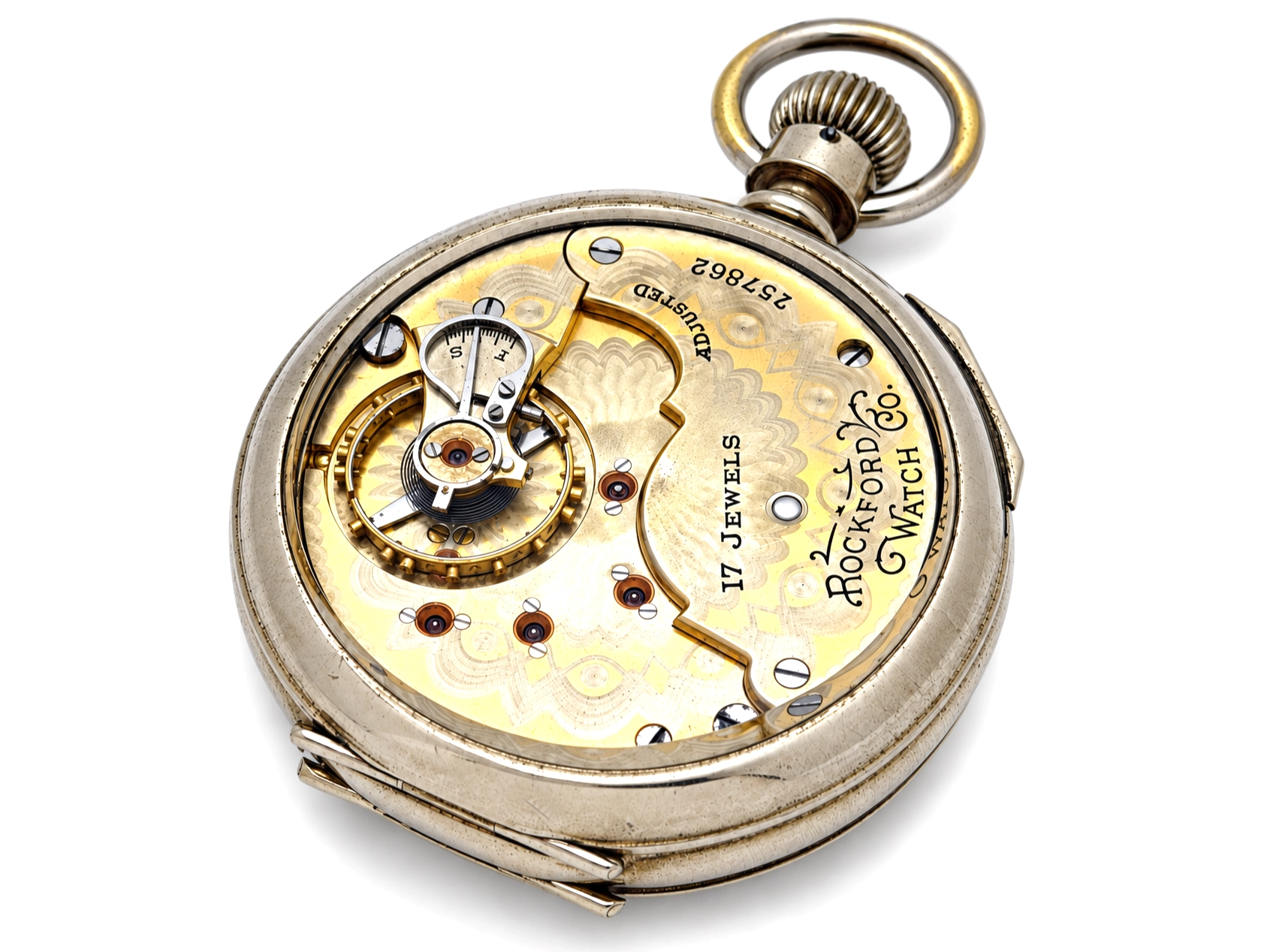 Rockford Grade 925 Hinged Salesman Display — open movement with decorated balance cock, jeweled settings, and engraved plate reading "17…