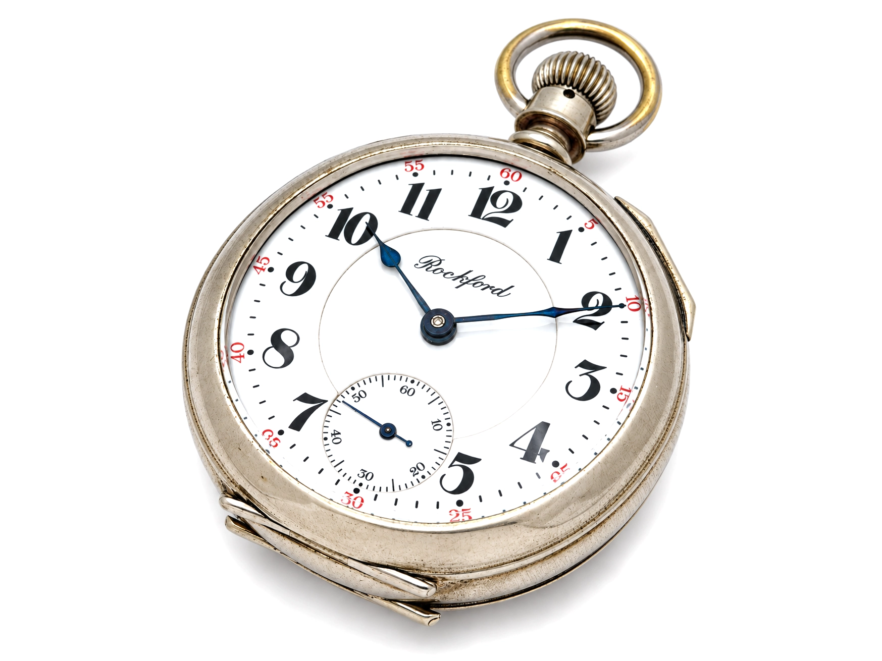 Rockford Grade 925 Hinged Display — white enamel dial with black Arabic numerals, blue steel hands, subsidiary seconds dial at 6…