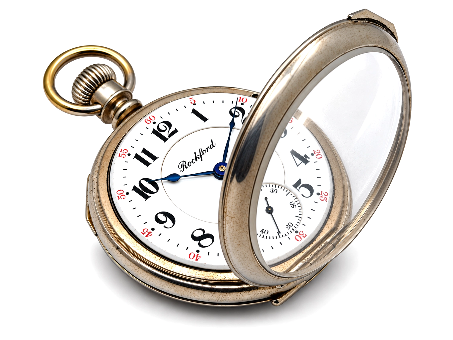 Rockford Grade 925 Hinged Display — open case showing white enamel dial with applied numerals, blue hands, and subsidiary seconds…