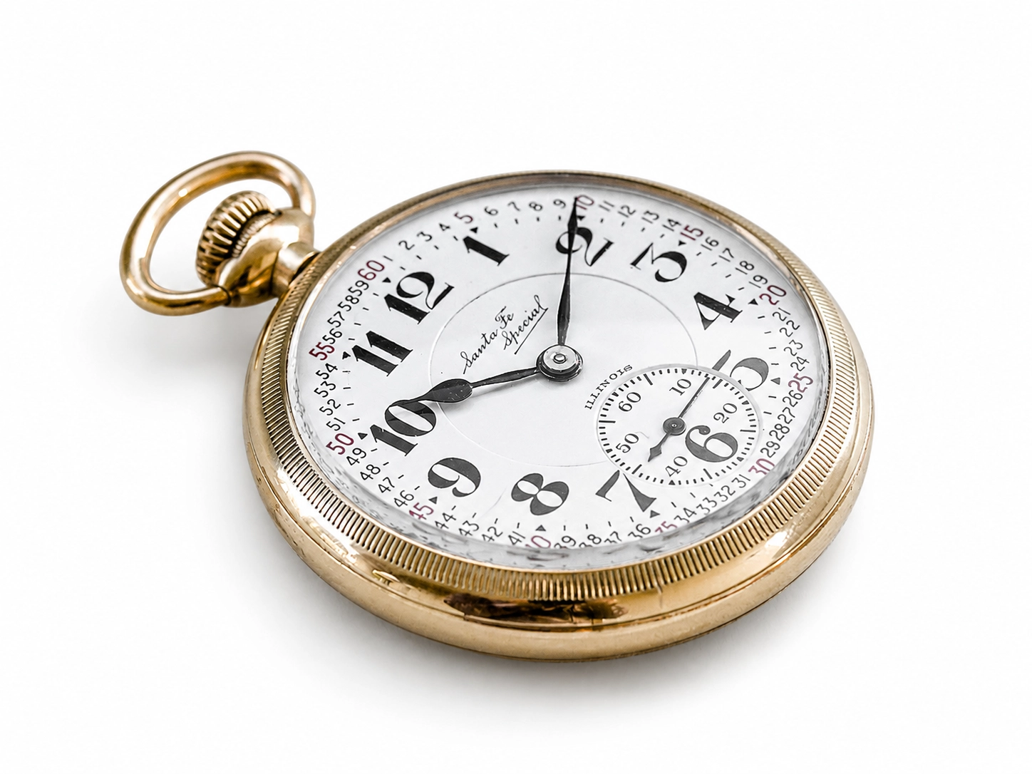 Gold pocket watch with white dial, Arabic numerals, subsidiary seconds dial, and applied logo.