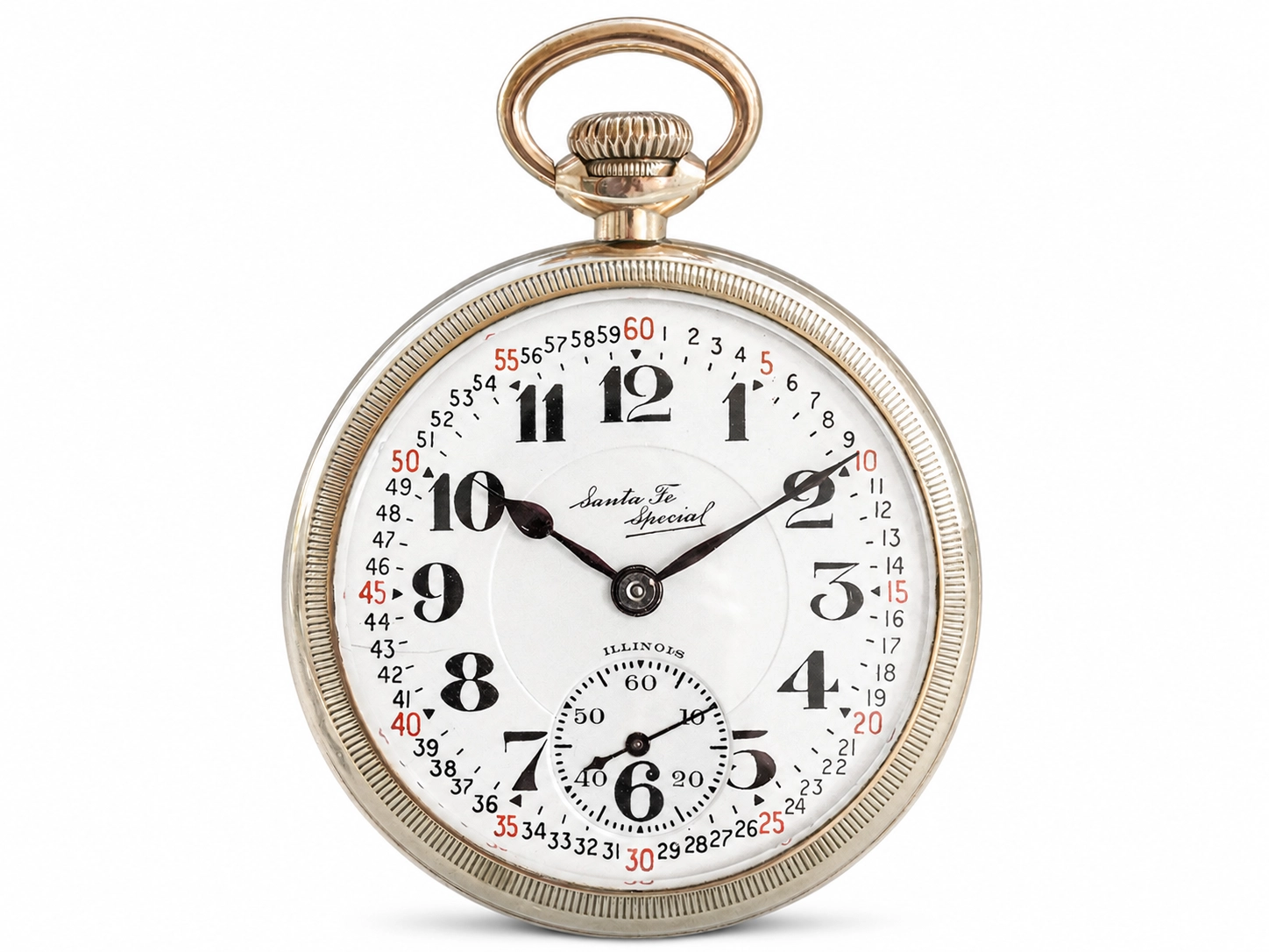 Open-face pocket watch with white dial, Arabic numerals, and subsidiary seconds dial.
