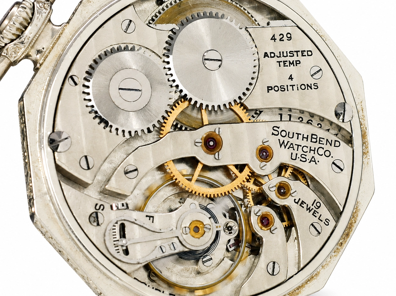 Open movement showing gears, jewels, and SouthBend Watch Co. USA marking with 19 jewels and temperature compensation.