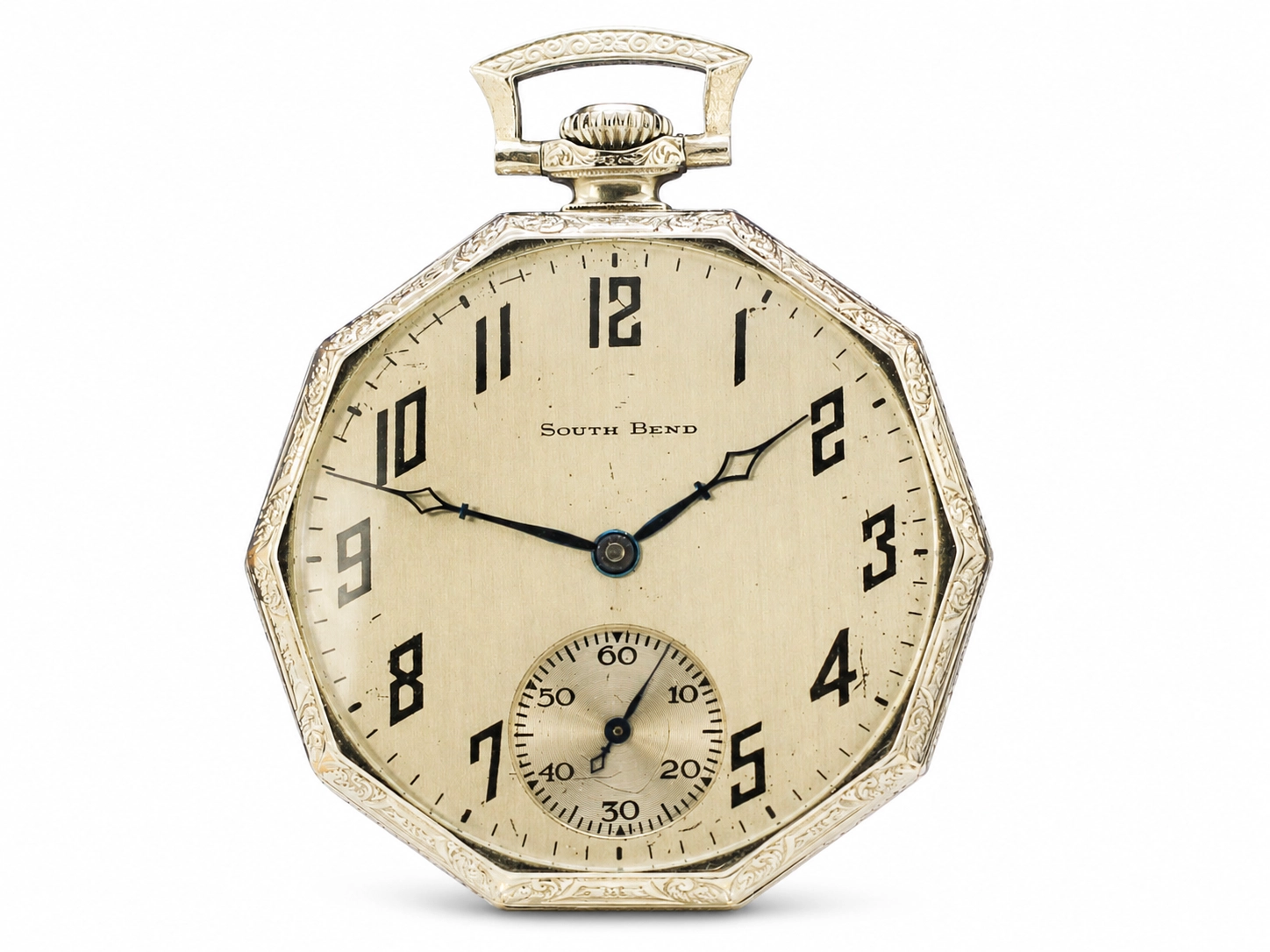 Art Deco octagonal pocket watch with cream dial, Arabic numerals, subsidiary seconds, and South Bend branding.