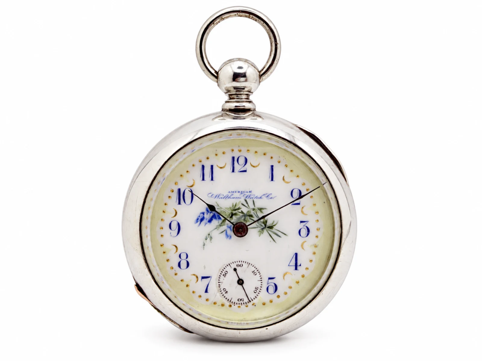 Waltham P.S. Bartlett Key Wind Fancy Dial (1878) — fancy enamel dial with blue Arabic numerals, gilt dots and crescents and a painted floral center