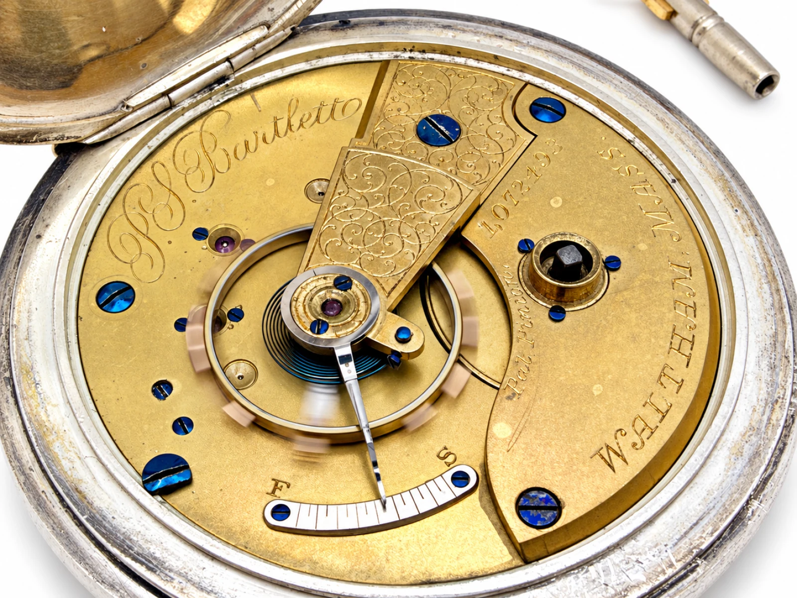 Waltham P.S. Bartlett Key Wind Fancy Dial (1878) — gilt full plate P.S. Bartlett movement, serial 1072493, with scroll-engraved balance cock