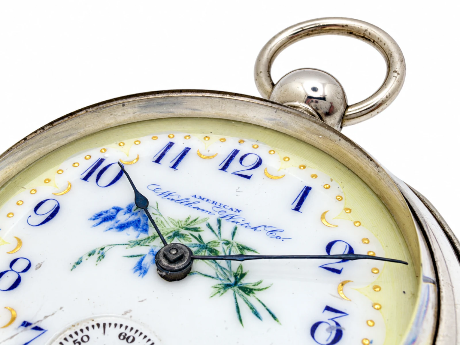 Waltham P.S. Bartlett Key Wind Fancy Dial (1878) — blue Arabic numerals and gilt crescents on the enamel dial