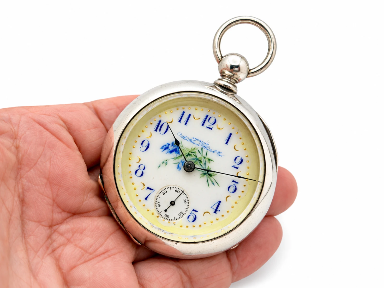 Waltham P.S. Bartlett Key Wind Fancy Dial (1878) — the watch held in the hand