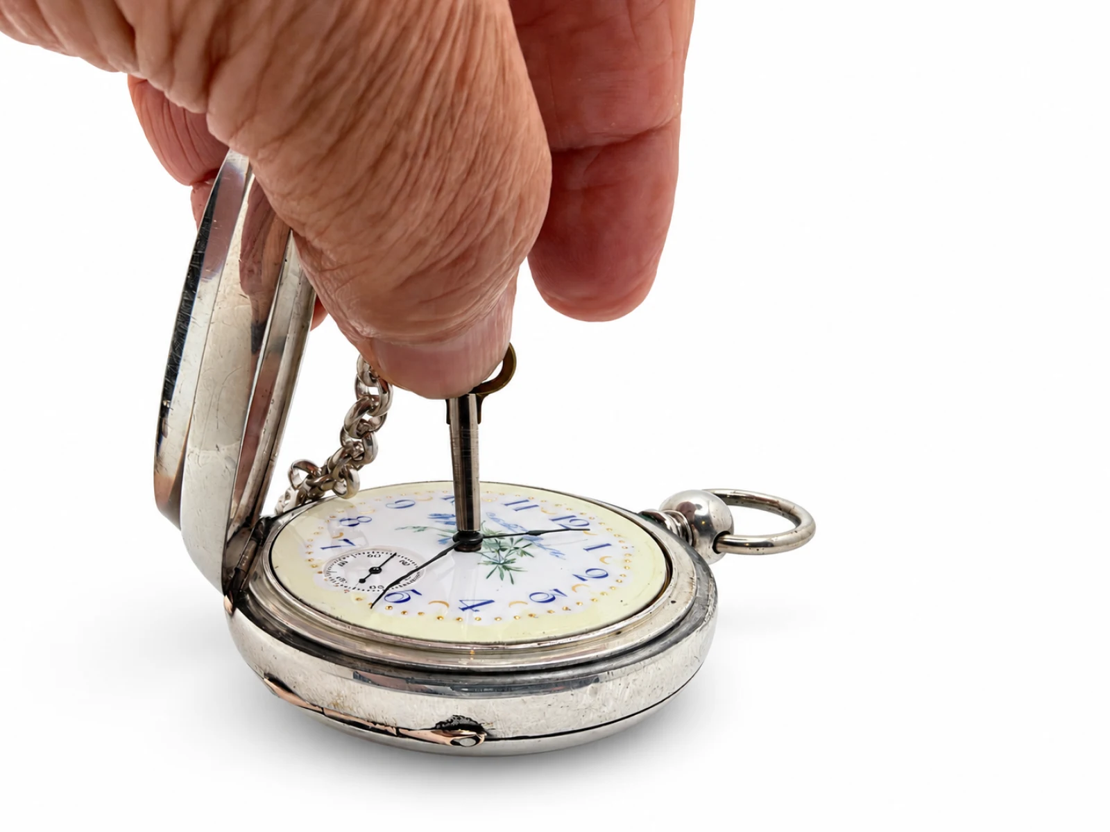 Waltham P.S. Bartlett Key Wind Fancy Dial (1878) — setting the hands with the key on the center arbor at the front