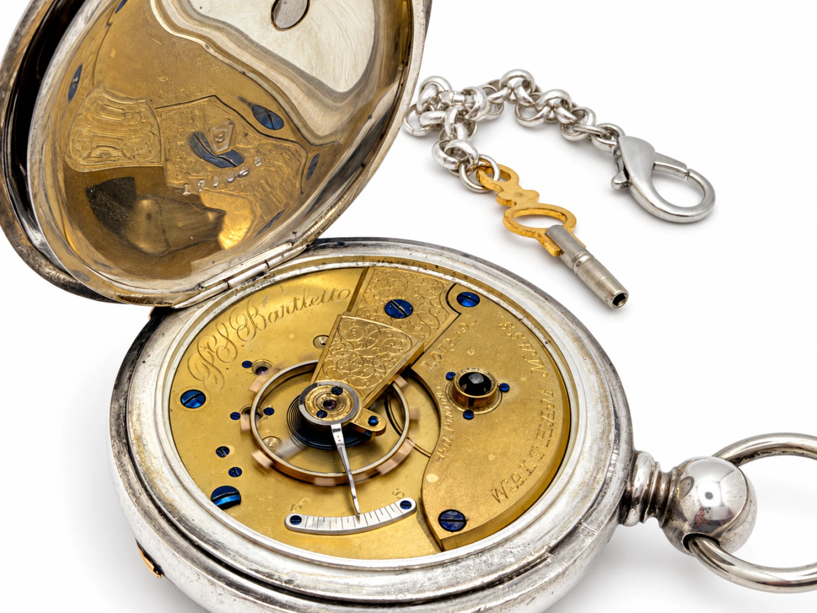 Waltham P.S. Bartlett Key Wind Fancy Dial (1878) — case open to the movement with the winding key