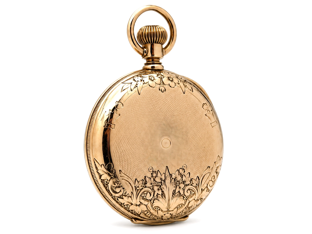 Gold pocket watch case back with ornate scrollwork engraving and plain center portion.