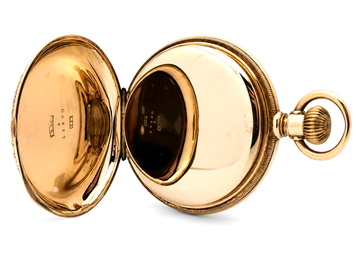 Open hunter case pocket watch in gold-filled with reeded bezel, showing polished inner casebacks and ornate crown.