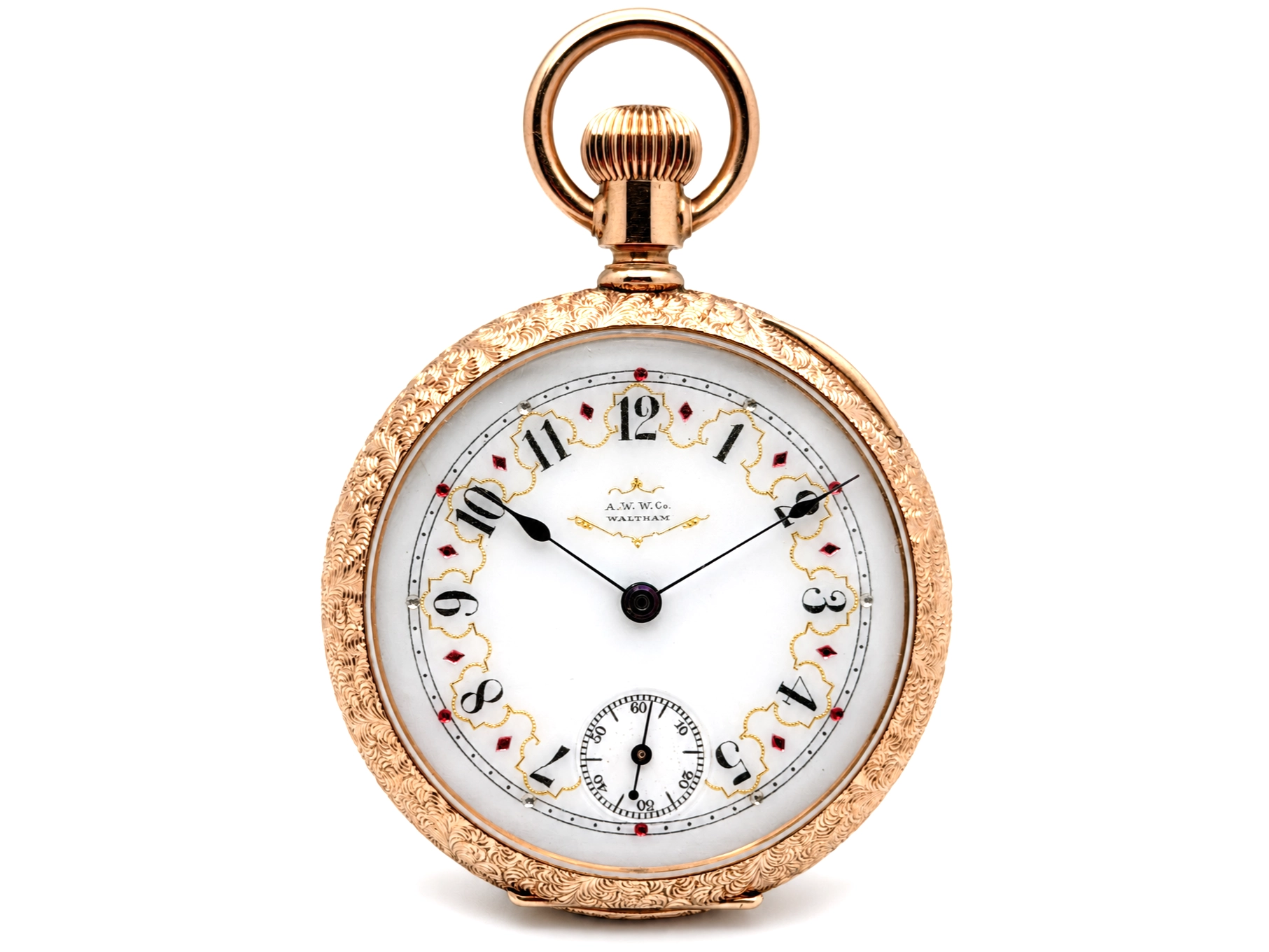 Waltham Hillside Quality Solid 14K Gold Vermicelli Case — white enamel dial with arabic numerals and red jewel accents, subsidiary seconds…
