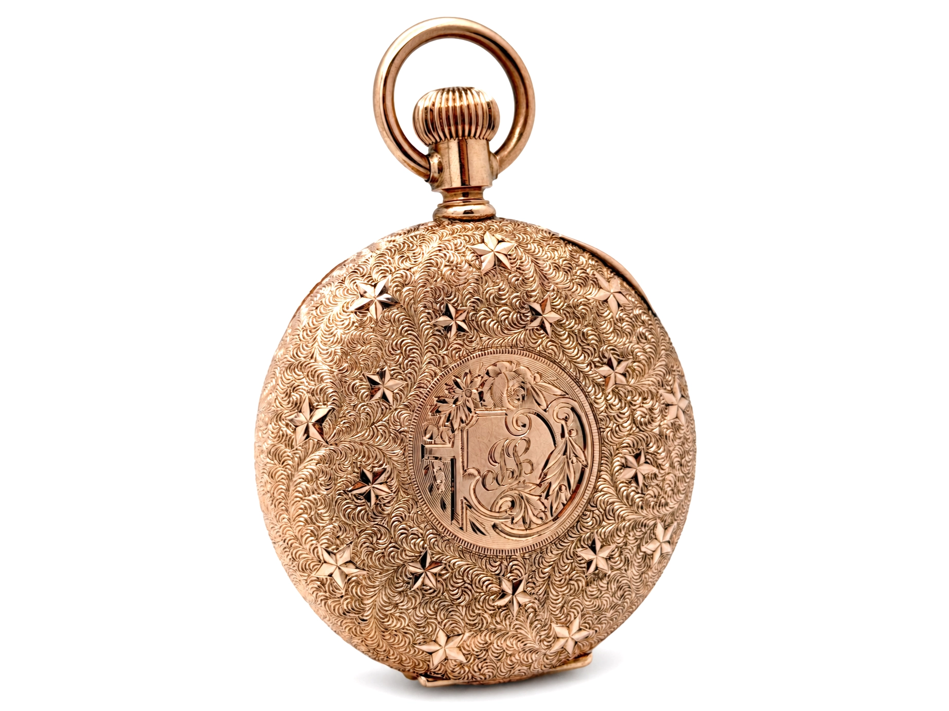 Waltham Hillside Quality Solid 14K Gold Vermicelli Case — case back engraved with ornate scrollwork and star motifs surrounding central…