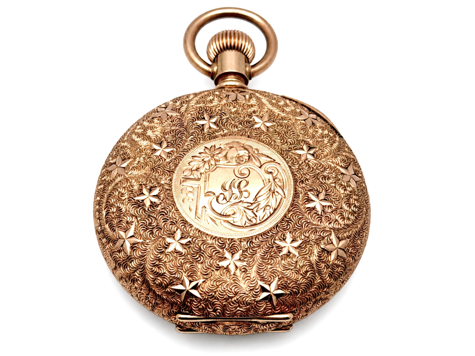 Waltham Hillside Quality Solid 14K Gold Vermicelli Case — back of case showing ornate scrollwork engraving with inlaid floral medallion,…