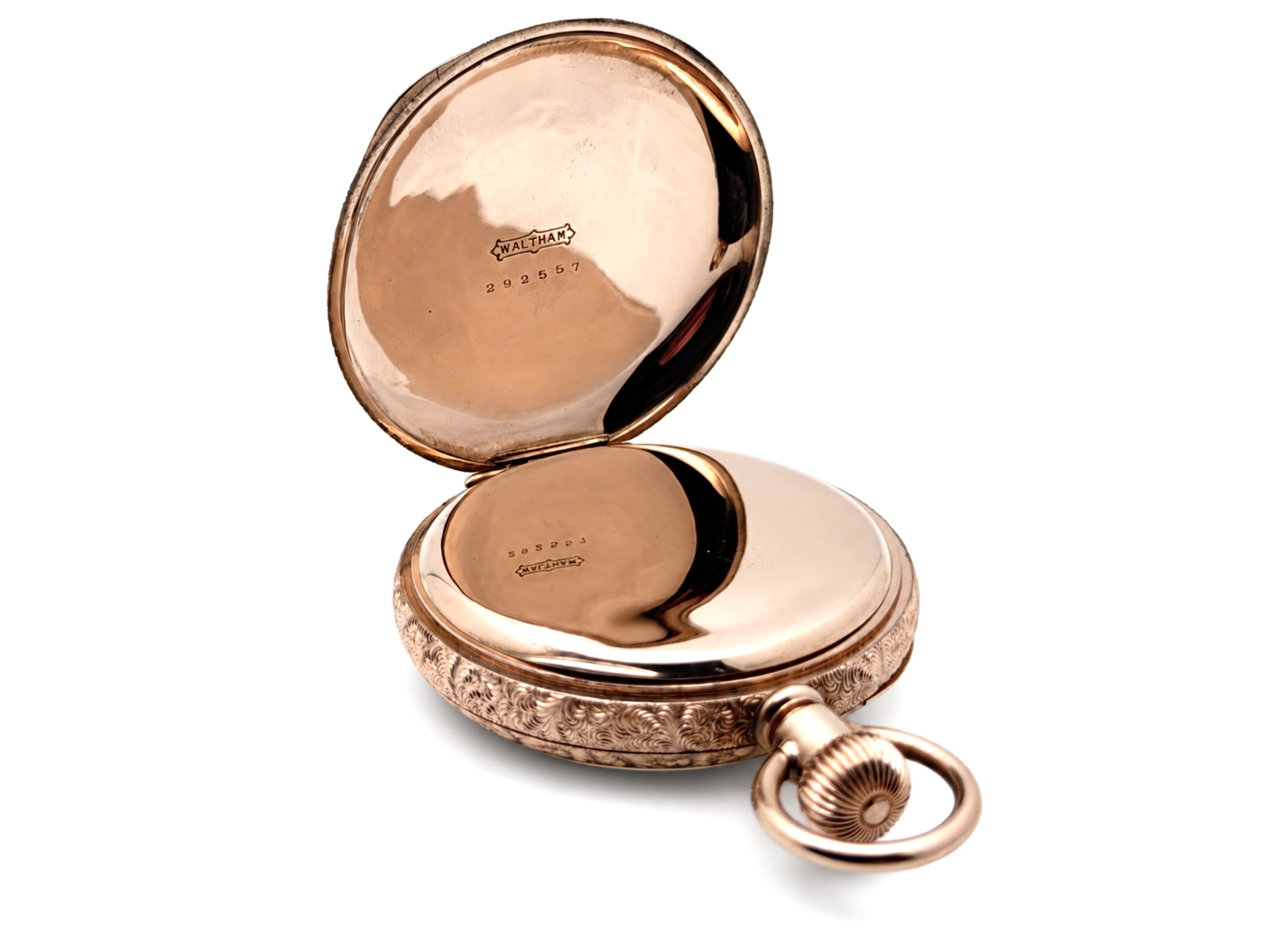 Waltham Hillside Quality Solid 14K Gold Vermicelli Case — open case back showing hallmarks and maker's marks stamped on the inner cover