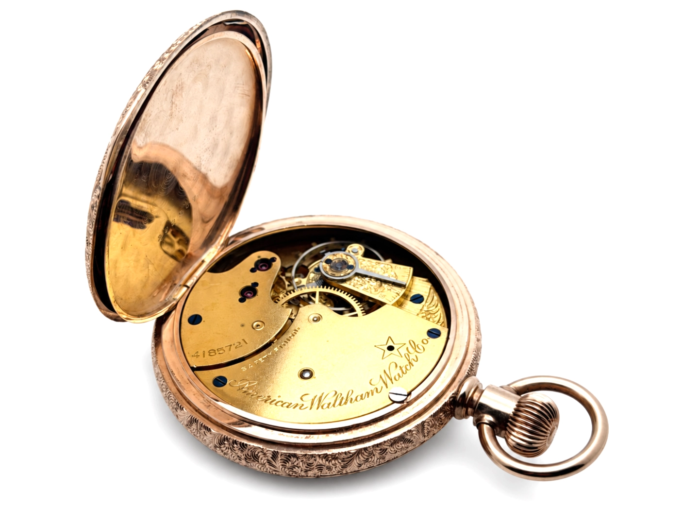 Waltham Hillside Quality Solid 14K Gold Vermicelli Case — open movement showing decorated balance cock, gear train, and jewel settings…
