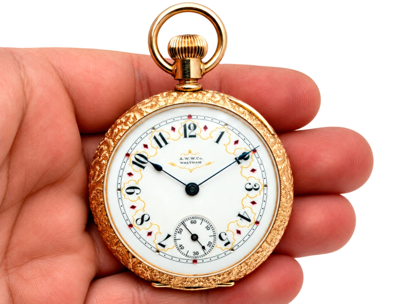 Waltham Hillside Quality Solid 14K Gold Vermicelli Case — openface dial with enameled white field, Arabic numerals, ornamental hands, and…