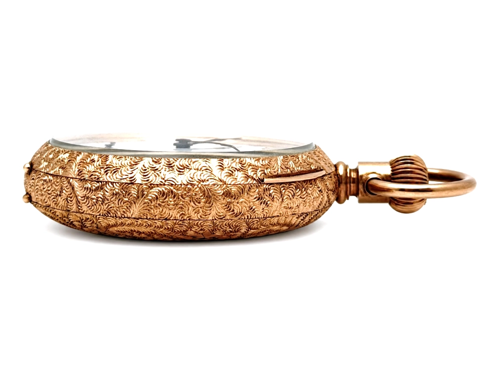 Waltham Hillside Quality Solid 14K Gold Vermicelli Case — textured yellow case with polished bail and glass crystal, viewed from the side…