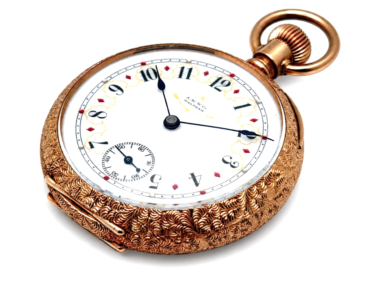 Waltham Hillside Quality Solid 14K Gold Vermicelli Case — front dial with arabic numerals in black and red, subsidiary seconds dial at 6…