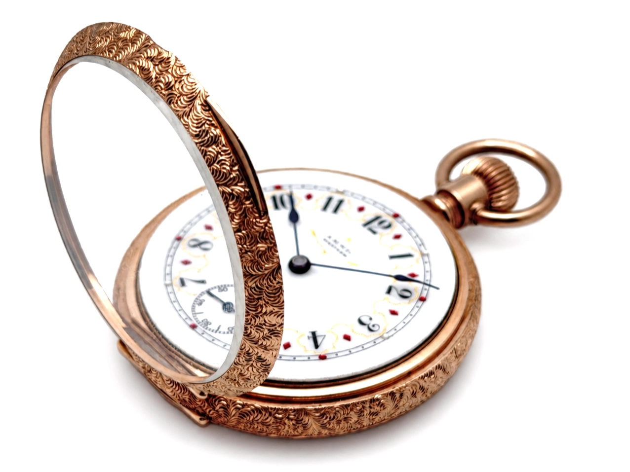 Waltham Hillside Quality Solid 14K Gold Vermicelli Case — open-face pocket watch with enamel dial, Roman numerals, subsidiary seconds dial…