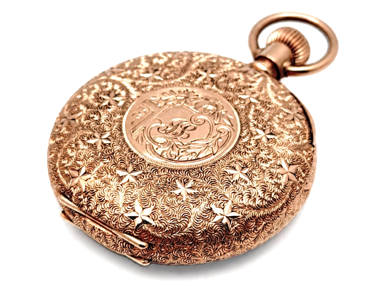 Waltham Hillside Quality Solid 14K Gold Vermicelli Case — engraved case back with scrolling floral and foliate design, polished center…