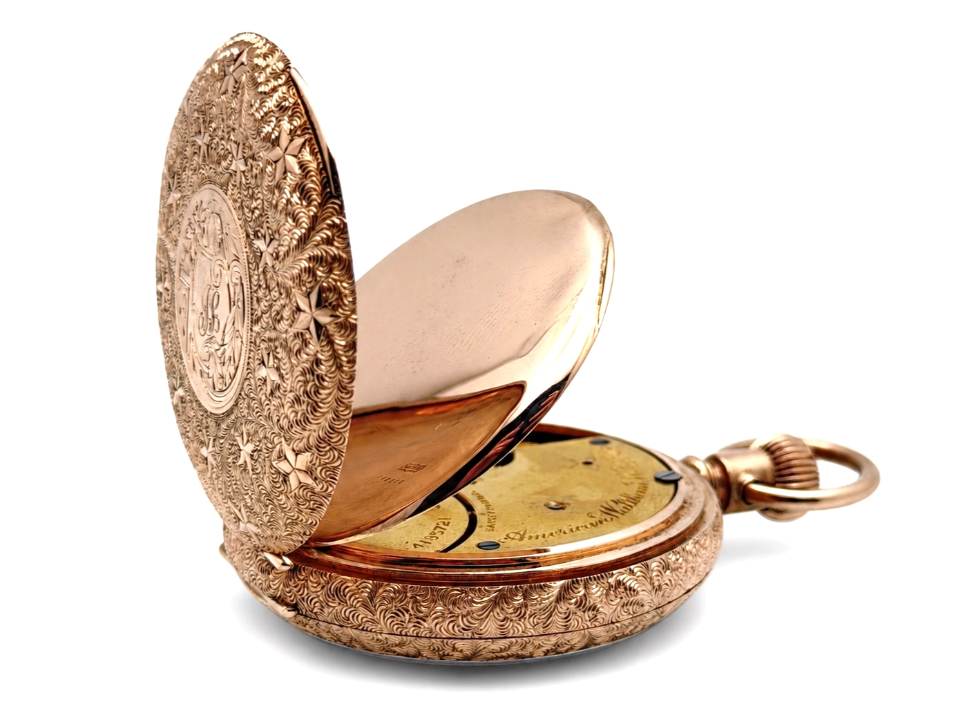 Waltham Hillside Quality Solid 14K Gold Vermicelli Case — open case with engraved back cover and gilt movement visible with cream-colored…