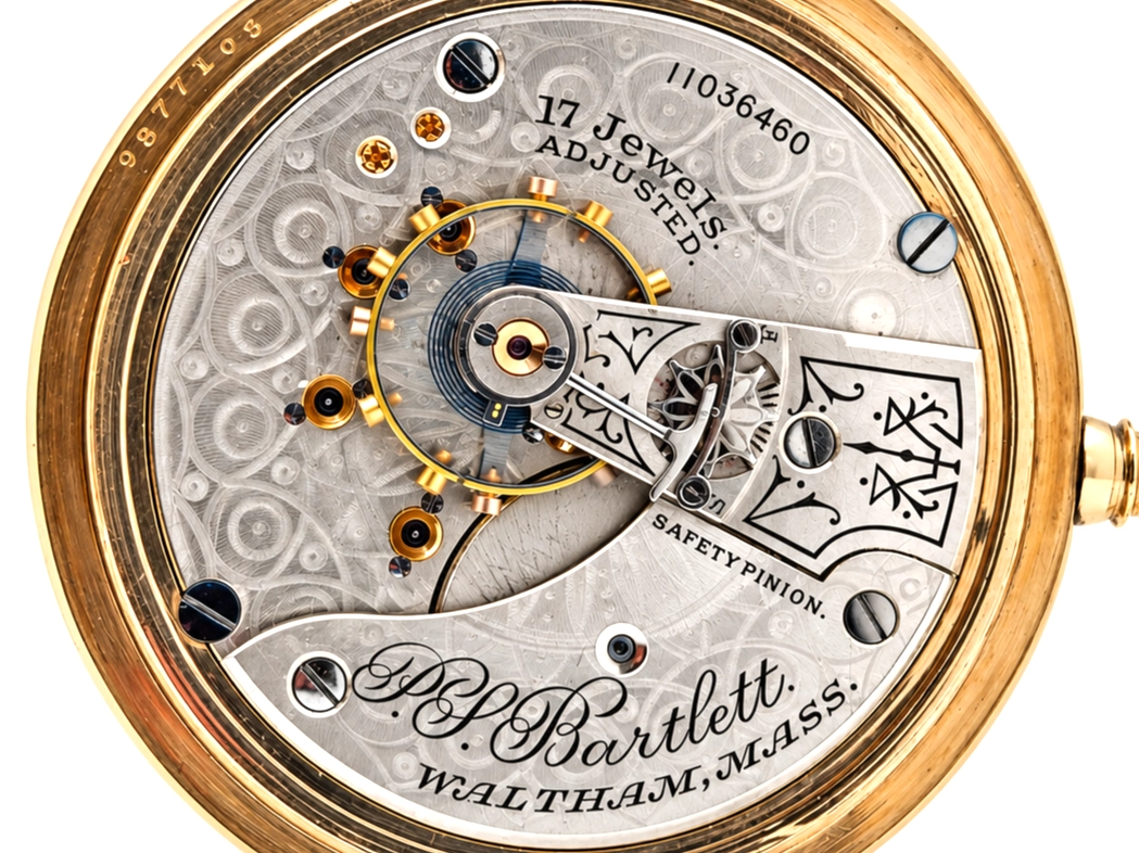 Waltham "P.S. Bartlett" Masonic Engraving (1901) — open movement with exposed jewels, decorated wheels, safety pinion visible with…