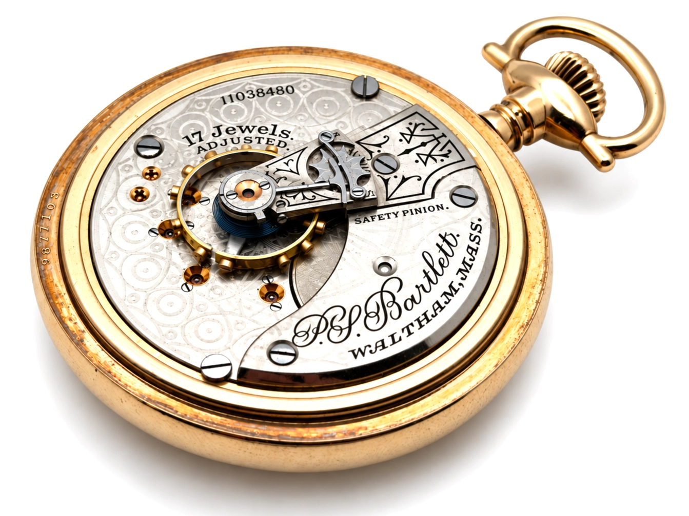 Waltham "P.S. Bartlett" Masonic Engraving (1901) — open movement visible through dial with decorative engraving, jeweled balance wheel,…